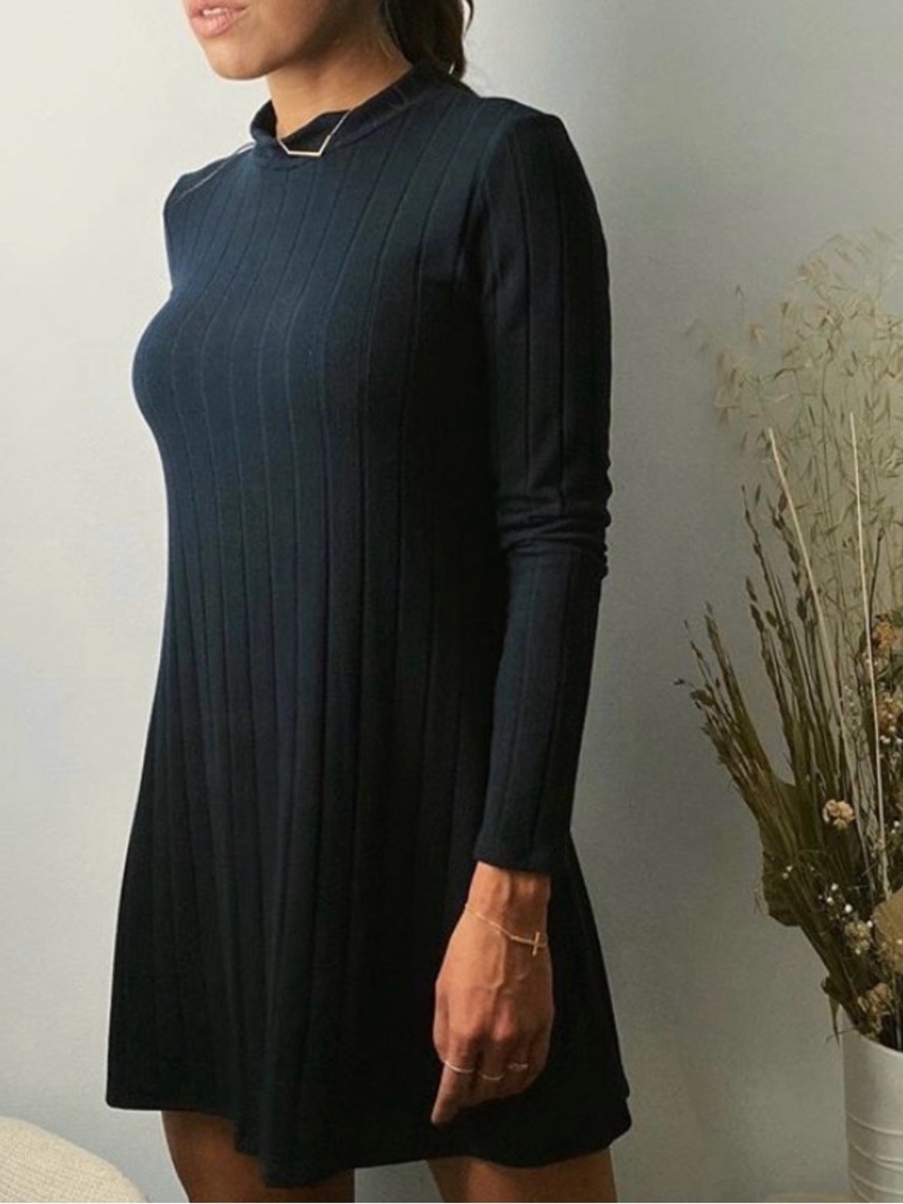 Essential Long Sleeve Black Ribbed Shift Dress